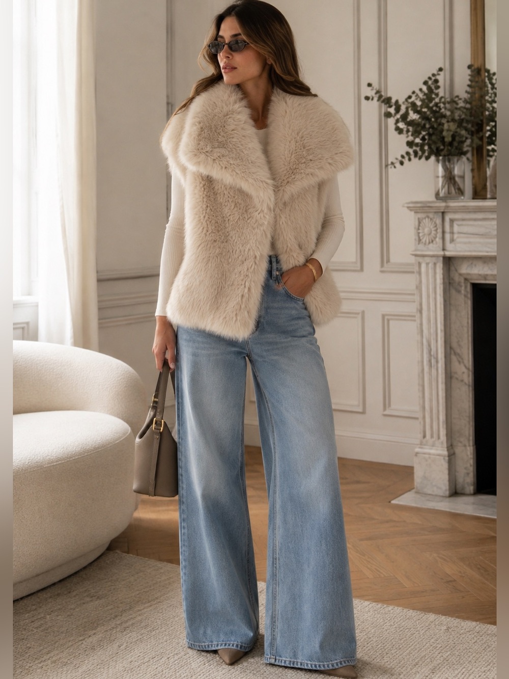 FROM PARIS FRANCE 🇫🇷 Luxurious Cream Faux Fur Vest
